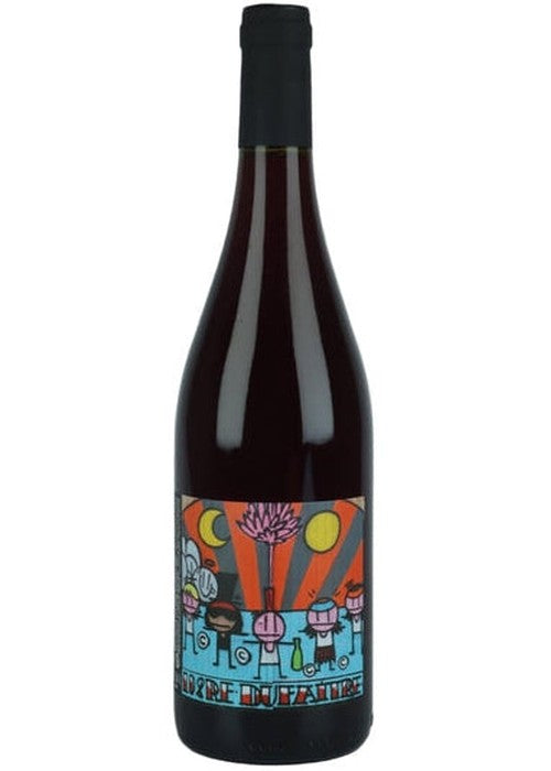 Wine bottle with a colorful label on a light gray background