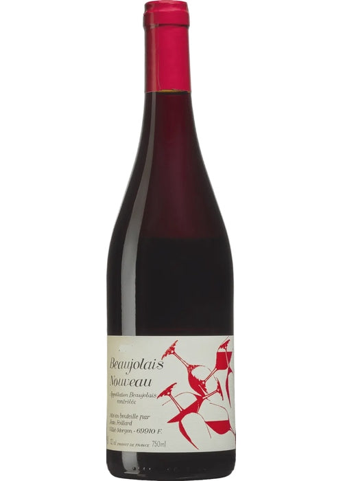 Red wine bottle with a label featuring a stylized figure on a white background