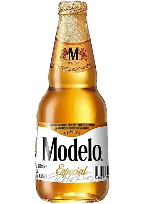 Modelo Especial beer bottle and box on a white background