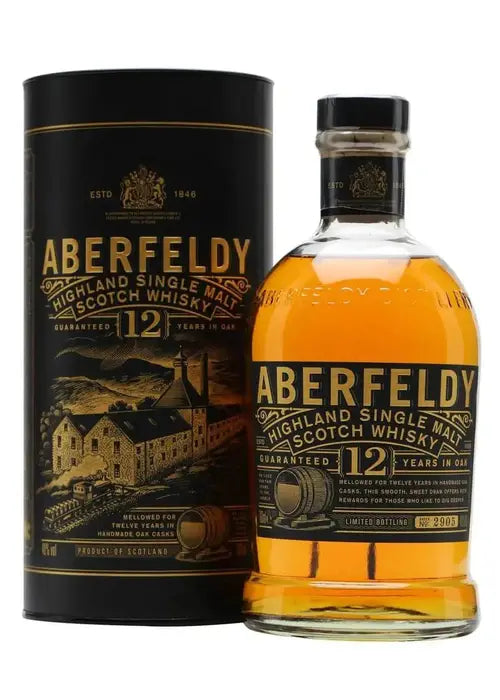 Aberfeldy 12 Year Old Highland Single Malt Scotch Whisky 700ml bottle with black label and gold text beside black cylindrical tube packaging