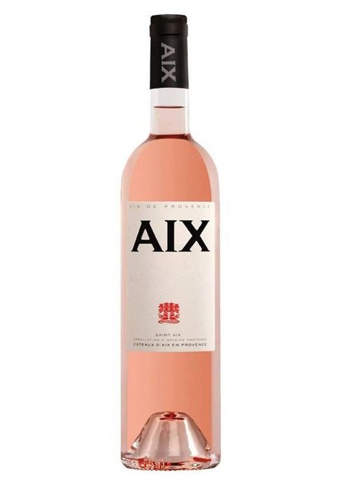Aix De Provence rosé wine bottle with salmon pink liquid and black foil capsule