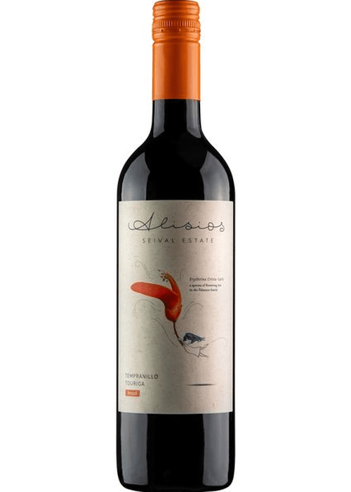 Alisos Tempranillo Touriga red wine bottle from Brazil with orange screw cap and bird illustration