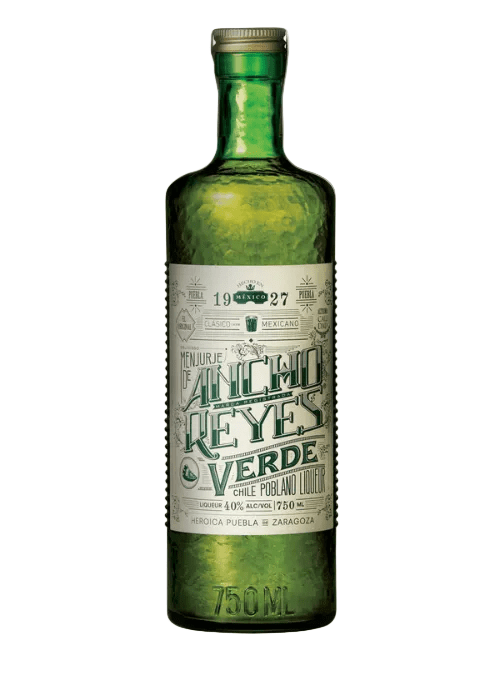 Ancho Reyes Verde 750ml green glass poblano chile liqueur bottle with gold cap and cream label