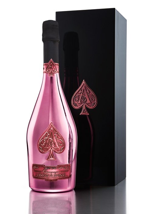 Armand De Brignac Rose sparkling wine bottle with gold spade logo and black foil cap