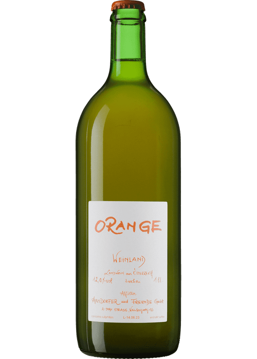 Arndorfer Orange Weinland 1L green glass bottle with white label showing A.B.V. 12%