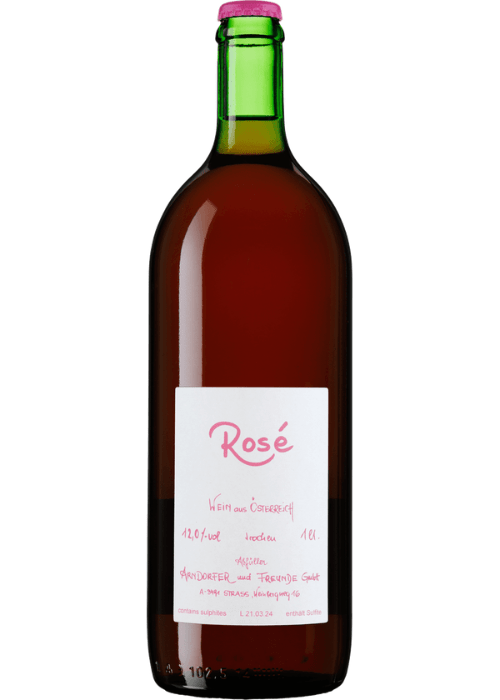 Arndorfer Rose 1L Austrian rosé wine bottle with pink foil cap and fruit flavor label