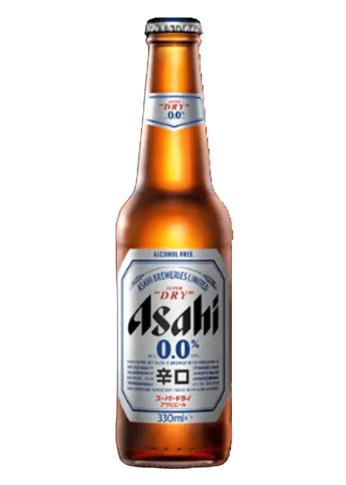 Asahi 0.0% alcohol-free beer bottle with hexagonal label and silver cap