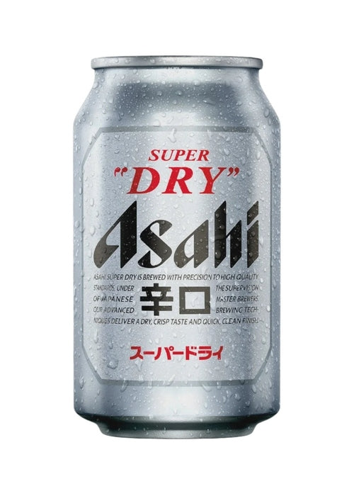 Asahi Super Dry 330ml silver beer can with condensation