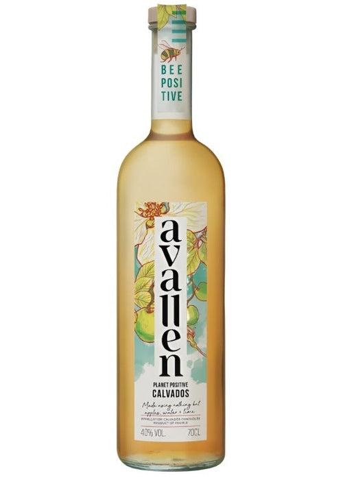 Avallen Calvados 700ml bottle with apple label and bee positive design