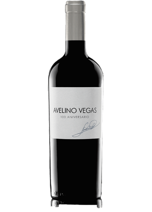 Avelino Vegas 100 Aniversario red wine bottle with silver foil and signature label