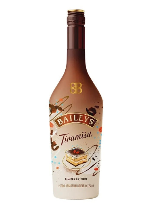 Baileys Tiramisu 700ml limited edition Irish cream liqueur bottle with gold logo and dessert illustration