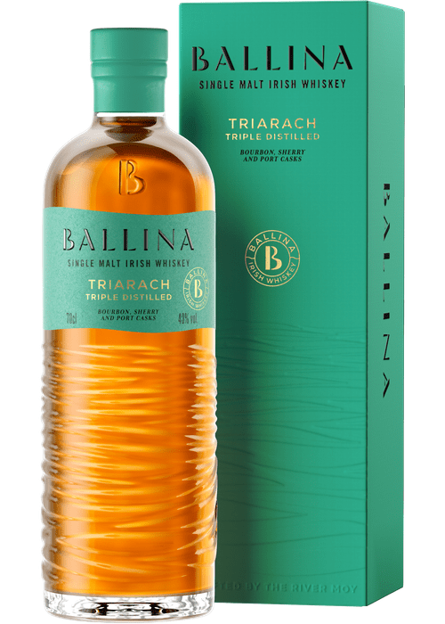 Ballina Triarach Single Malt Irish Whiskey 700ml bottle with teal packaging box