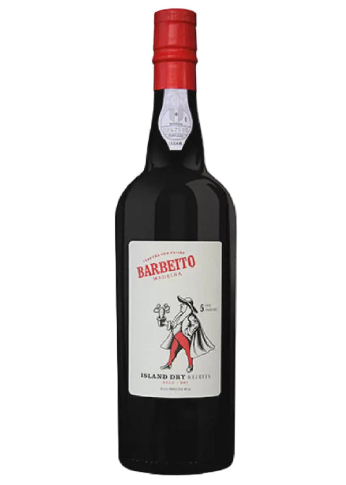Barbeito Madeira Seco fortified wine bottle with red cap and white label