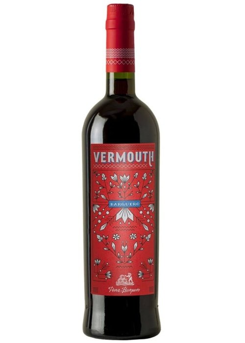 Barquero Red Vermouth 750ml bottle with red label and botanical illustrations