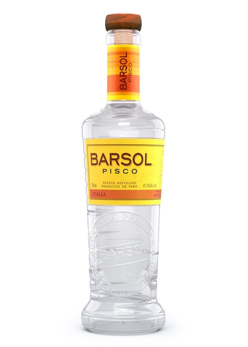 Barsol Pisco Italia 700ml clear glass bottle with wooden stopper and yellow label