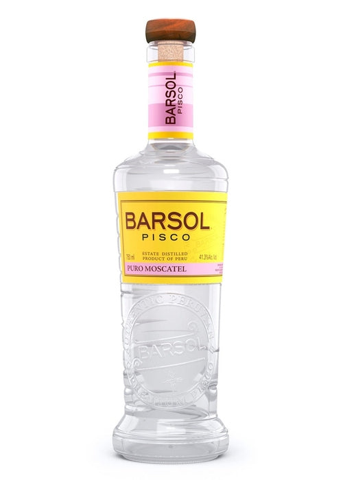 Barsol Pisco Moscatel 700ml clear glass bottle with wooden stopper and yellow pink label
