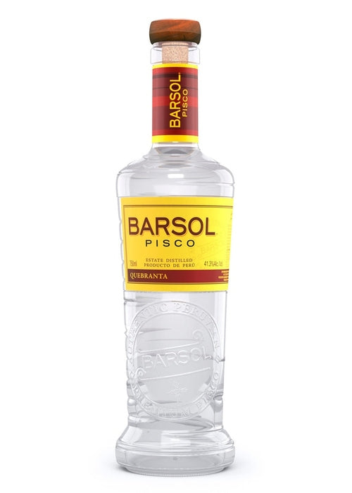 Barsol Pisco Quebranta 700ml clear glass bottle with wooden stopper and yellow label
