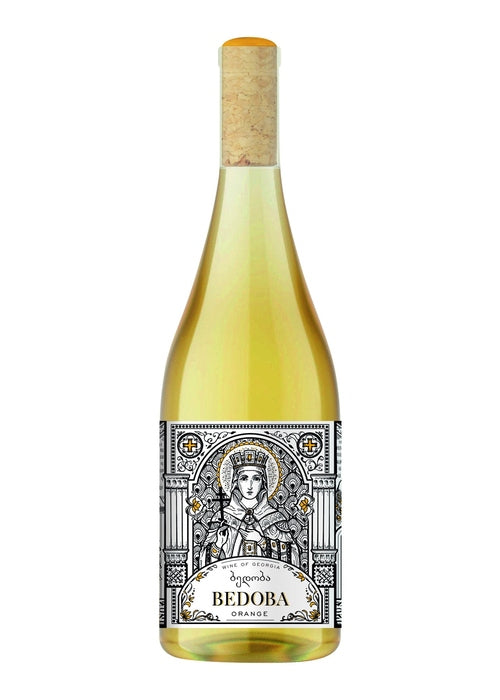 Bedoba Orange wine bottle with white label and gold details