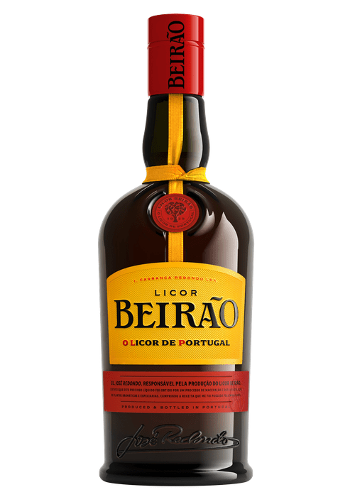 Licor Beirão 700ml dark brown glass bottle with red cap and yellow label, Portuguese herb liqueur