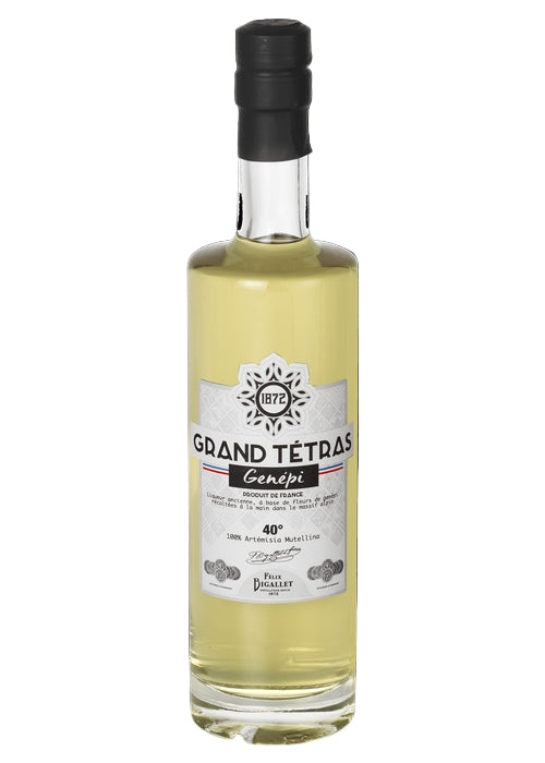 Bigallet Génépi Grand Tetras 700ml liqueur bottle with pale yellow herbal spirit and white label