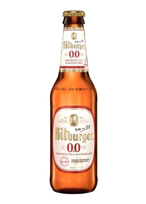 Bitburger 0.0 Pils alcohol-free beer bottle with gold cap and white label