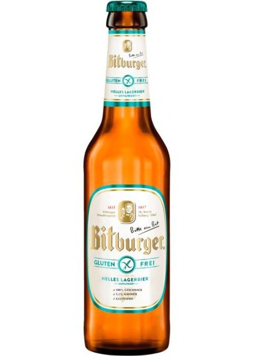 Bitburger Gluten Free Helles Lager 330ml amber glass bottle with green cap and white label