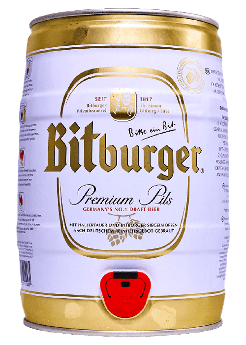 Bitburger Premium Pils 5 Liter Mini-Keg with red tap handle and gold label