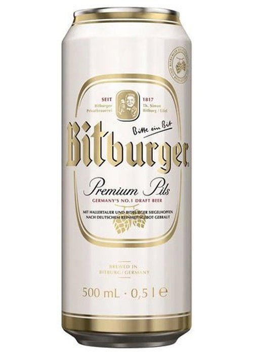 Bitburger Premium Pils 500ml aluminum can with cream label and gold trim