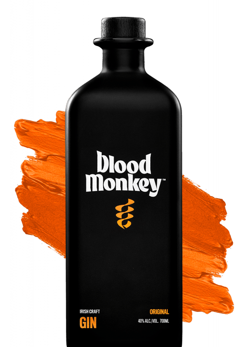 Blood Monkey Irish Craft Gin 700ml bottle with matte black cap and orange spiral logo