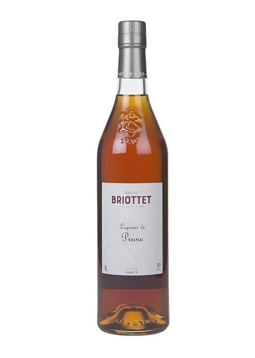 Briottet Liqueur de Prune French plum liqueur in clear glass bottle with silver cap