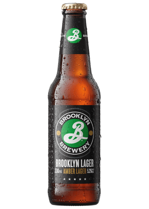 Brooklyn Lager 330mL amber lager bottle with black label and gold cap