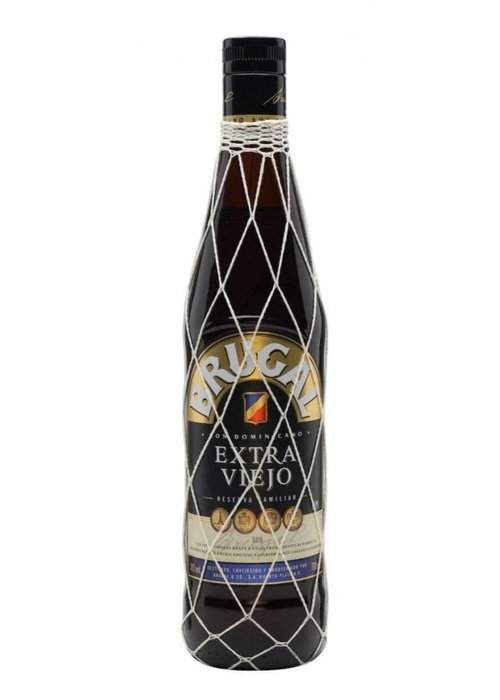 Brugal Extra Viejo 700ml aged rum bottle with gold label and diamond netting