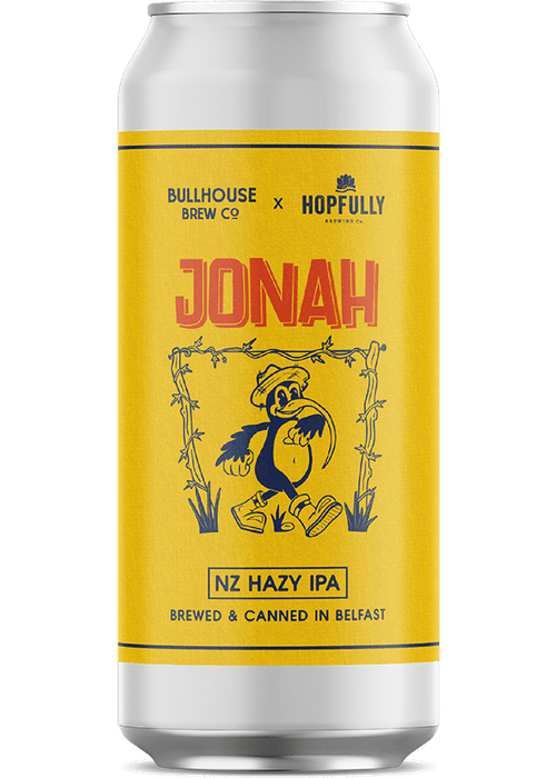 Bullhouse Brew Jonah Hazy IPA can with yellow label and cartoon bird