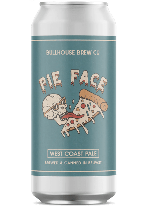 Bullhouse Brew Pie Face West Coast IPA 440ml silver can with teal label and skull pizza graphic
