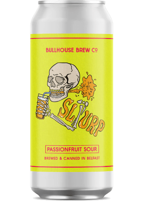 Bullhouse Brew Slurp Passionfruit Sour 440ml can with yellow label and cartoon skull