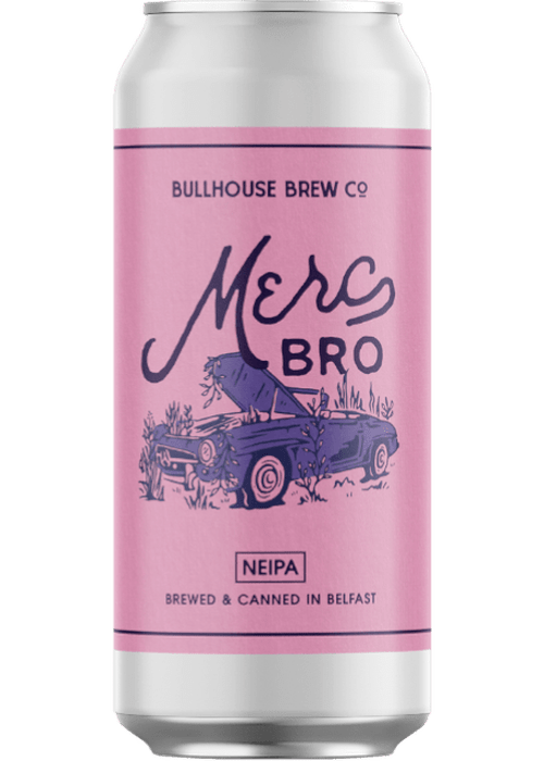 Bullhouse Merc Bro NEIPA 440ml silver can with pink label and vintage car illustration