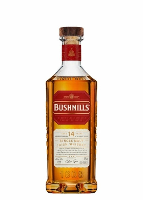 Bushmills 14 Year Old Single Malt Irish Whiskey bottle with red label and wooden cap
