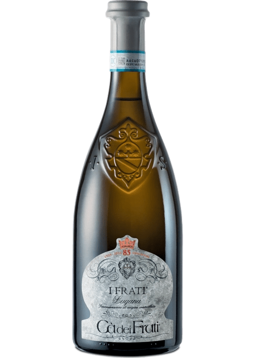 Ca Dei Frati Lugana I Frati white wine bottle with ornate label and silver foil capsule