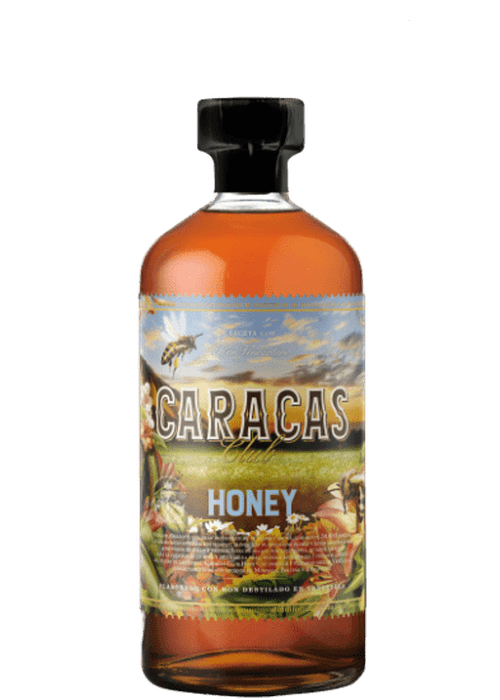 Caracas Club Honey Rum 700ml amber glass bottle with bee logo and landscape label