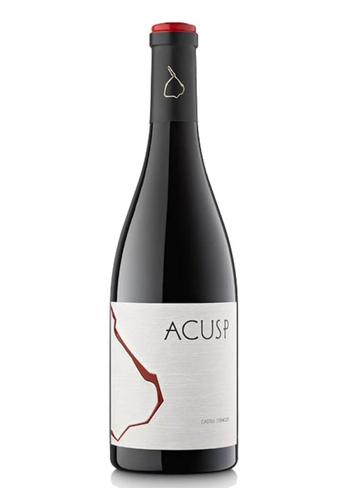 Castell D'Encus Acusp red wine bottle with white textured label and gold pear outline