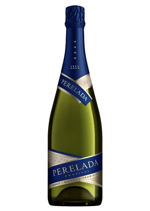 Perelada Festival Brut Cava sparkling wine bottle with blue and silver label