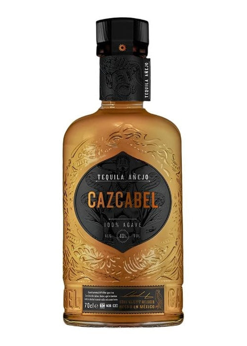 Cazcabel Anejo 700ml tequila bottle with black label and orange text
