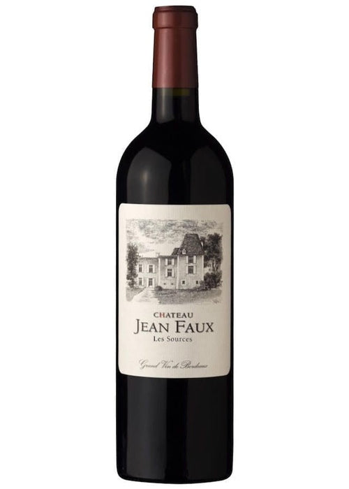 Chateau Jean Faux Les Sources red Bordeaux wine bottle with chateau label sketch