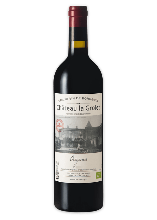 Chateau La Grolet Origines red wine bottle with manor house label and organic certification