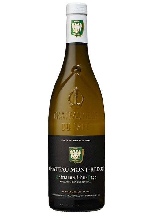 Chateau Mont-Redon Chateauneuf-Du-Pape Blanc wine bottle with green shield logo and gold seal