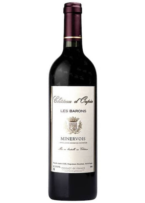 Chateau d'Oupia Les Barons Minervois red wine bottle with cream label and gold crest
