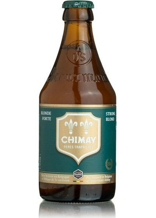 Chimay Green Blonde Forte 330ml Trappist beer bottle with teal label and gold trim