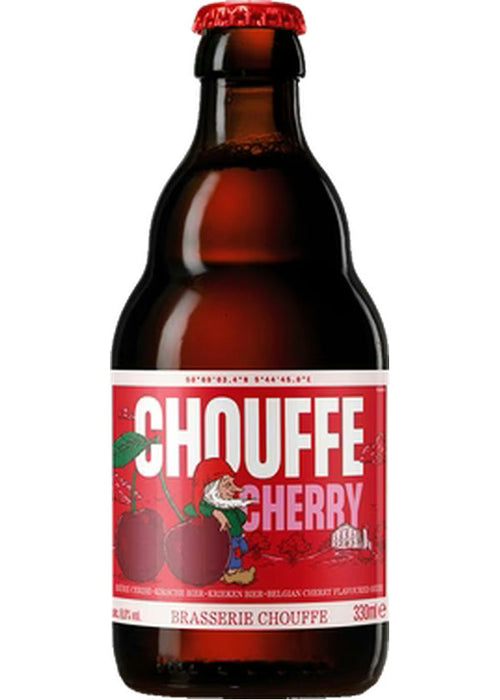 Chouffe Cherry 330ml brown glass beer bottle with red cap and gnome label