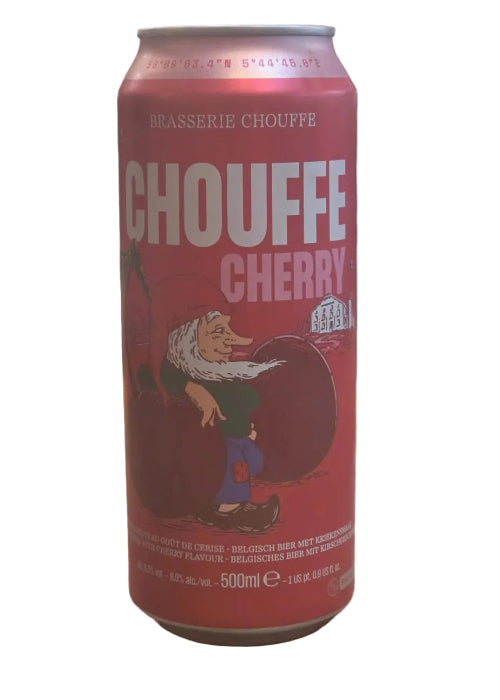 La Chouffe Cherry 500ml aluminum can with gnome and cherry label design