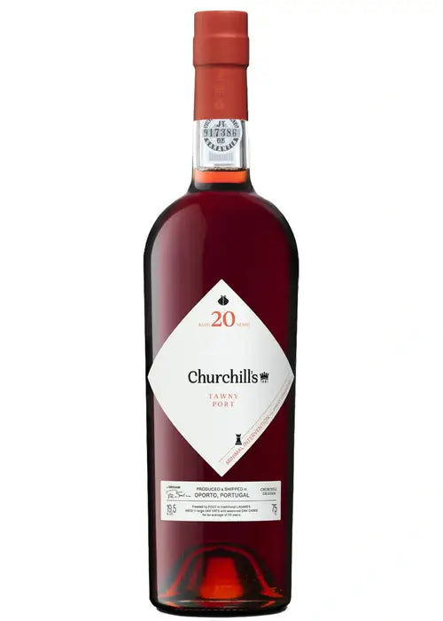 Churchills 20 Year Old Tawny Port bottle with red foil and diamond label